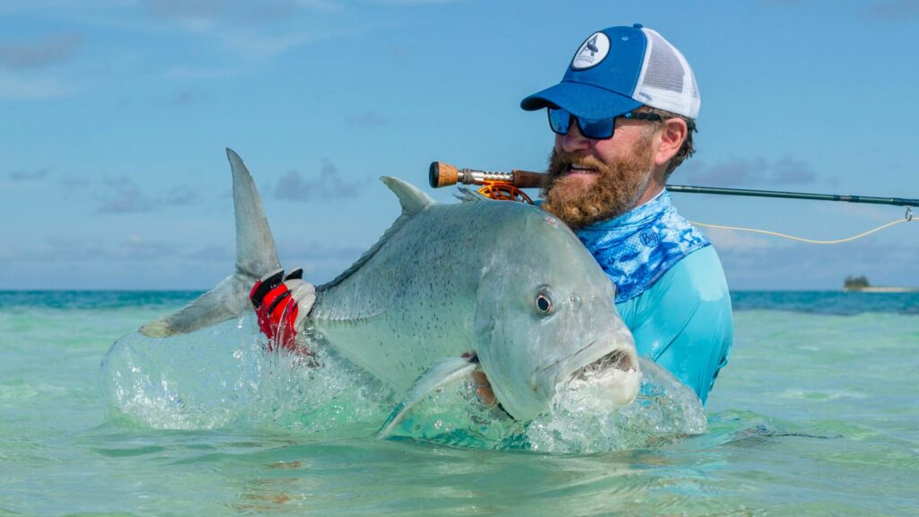 During fishing festivities angler cathing a giant trevally at Alphonse Island